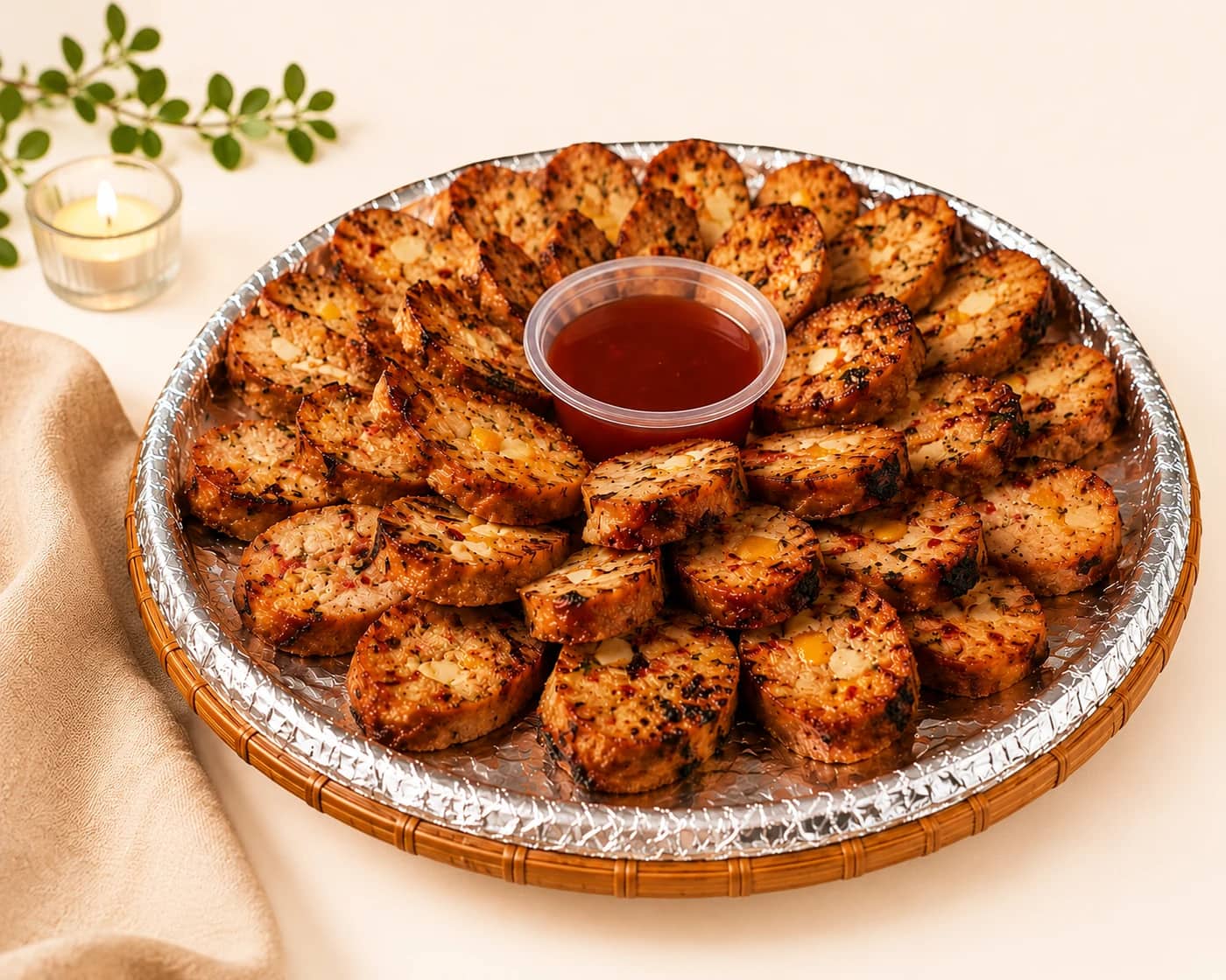 Fiesta Platter signature chicken embutido bilao, sliced with sweet chili dip