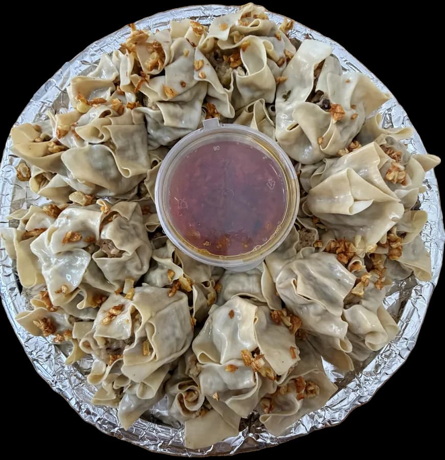 Siomai tray with chili-garlic sauce