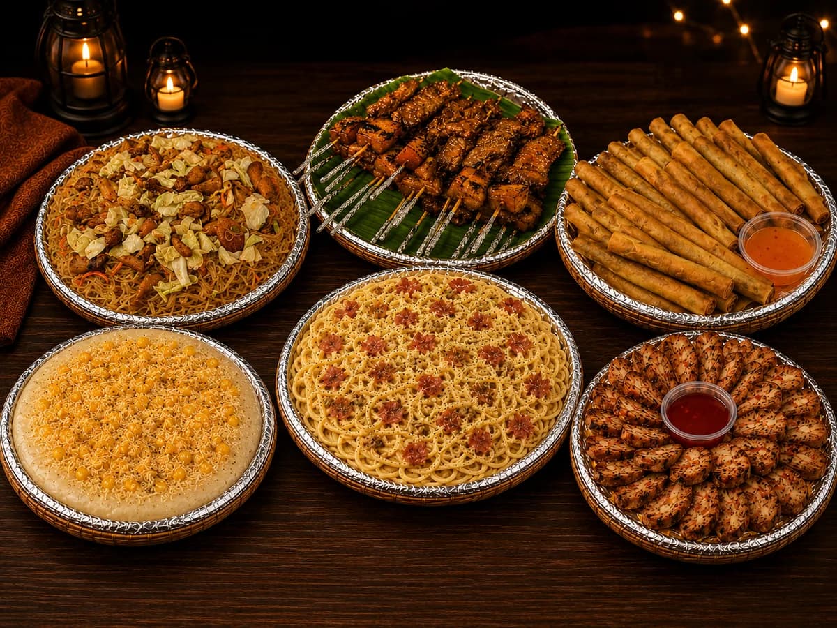 Ultimate Fiesta grand feast: six trays including pancit, spaghetti, pork BBQ, lumpia, embutido and maja blanca